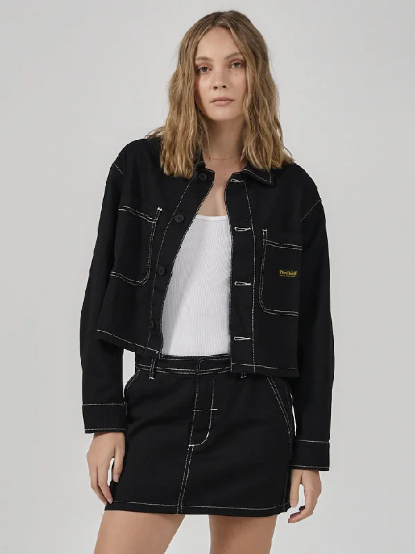 Women's faux fur - trimmed denim jackets for a trendy and cozy styleUnion Crop Overshirt - Black Women's faux fur - trimmed denim jackets for a trendy and cozy styleUnion Crop Overshirt - Black
