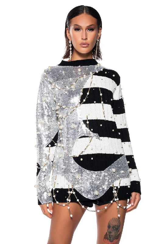 Plus Size Women's Knit Wrap Tops for a Versatile StyleUNLIKE THE OTHERS PEARL AND SEQUINS DETAILED LONG SLEEVE SWEATER