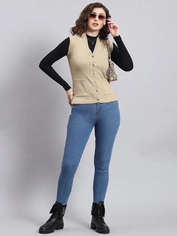 plus size women cardigan for comfortable layeringWomen Beige Solid V Neck Sleeveless Cardigan plus size women cardigan for comfortable layeringWomen Beige Solid V Neck Sleeveless Cardigan