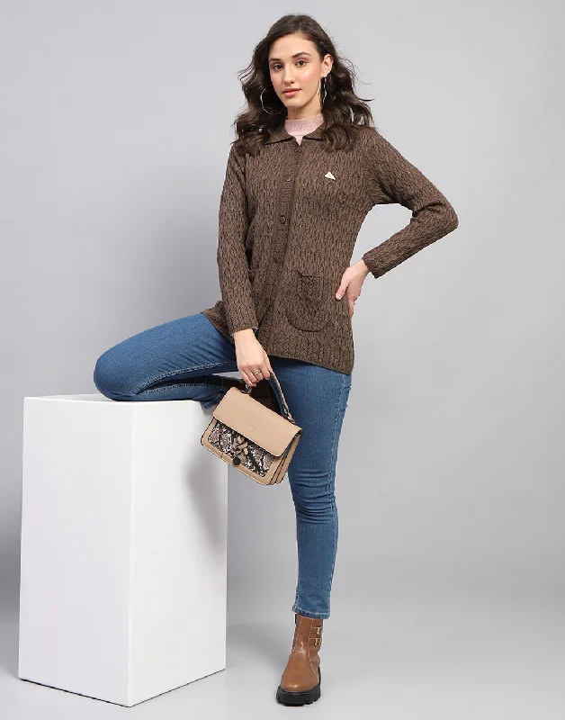 open front women cardigan for easy stylingWomen Brown Self Design Collar Full Sleeve Cardigan open front women cardigan for easy stylingWomen Brown Self Design Collar Full Sleeve Cardigan
