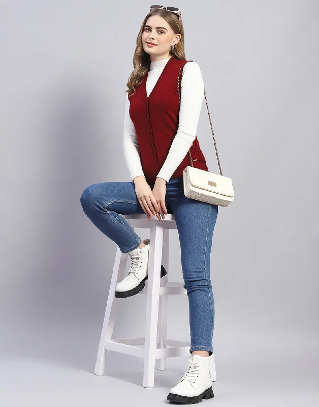 cropped women cardigan to pair with high - waisted jeansWomen Maroon Solid V Neck Sleeveless Cardigan cropped women cardigan to pair with high - waisted jeansWomen Maroon Solid V Neck Sleeveless Cardigan