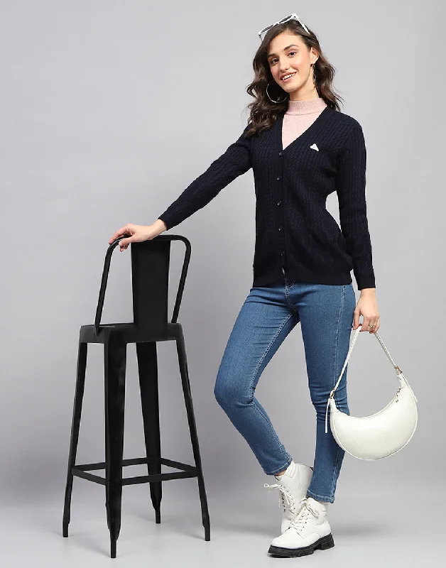 cashmere blend women cardigan for a luxurious feelWomen Navy Blue Self Design V Neck Full Sleeve Cardigan