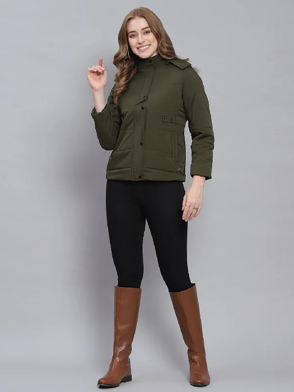 Women's pea coats in a plus - size fit for a flattering and warm winter coatWomen Olive Solid Hooded Full Sleeve Jackets