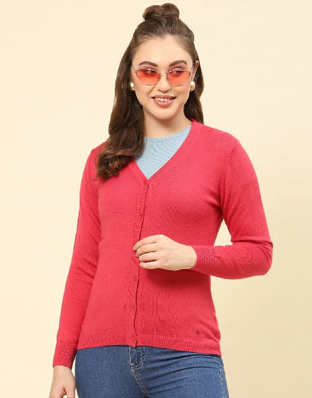 open front women cardigan for easy stylingWomen Pink Solid V Neck Full Sleeve Cardigan