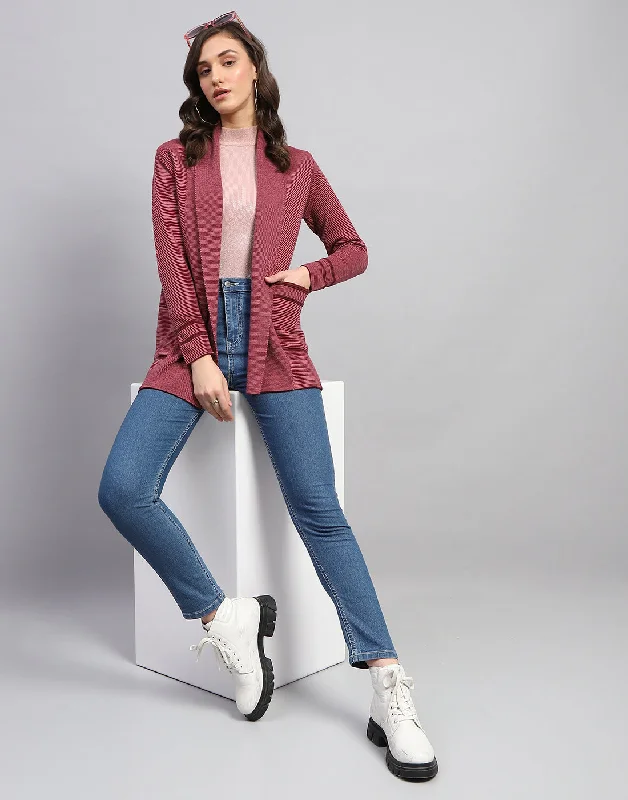 cropped women cardigan to pair with high - waisted jeansWomen Red Self Design Front Open Full Sleeve Cardigan