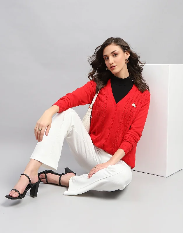ribbed women cardigan with a classic textureWomen Red Self Design V Neck Full Sleeve Cardigan ribbed women cardigan with a classic textureWomen Red Self Design V Neck Full Sleeve Cardigan