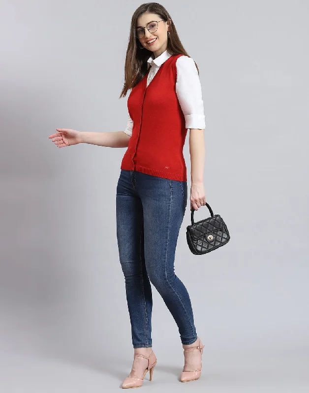 cable knit women cardigan with intricate patternsWomen Red Solid Collar Sleeveless Cardigan cable knit women cardigan with intricate patternsWomen Red Solid Collar Sleeveless Cardigan