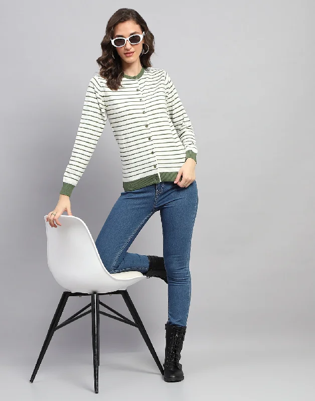 hand knitted women cardigan with artisanal charmWomen White Stripe Round Neck Full Sleeve Cardigan hand knitted women cardigan with artisanal charmWomen White Stripe Round Neck Full Sleeve Cardigan