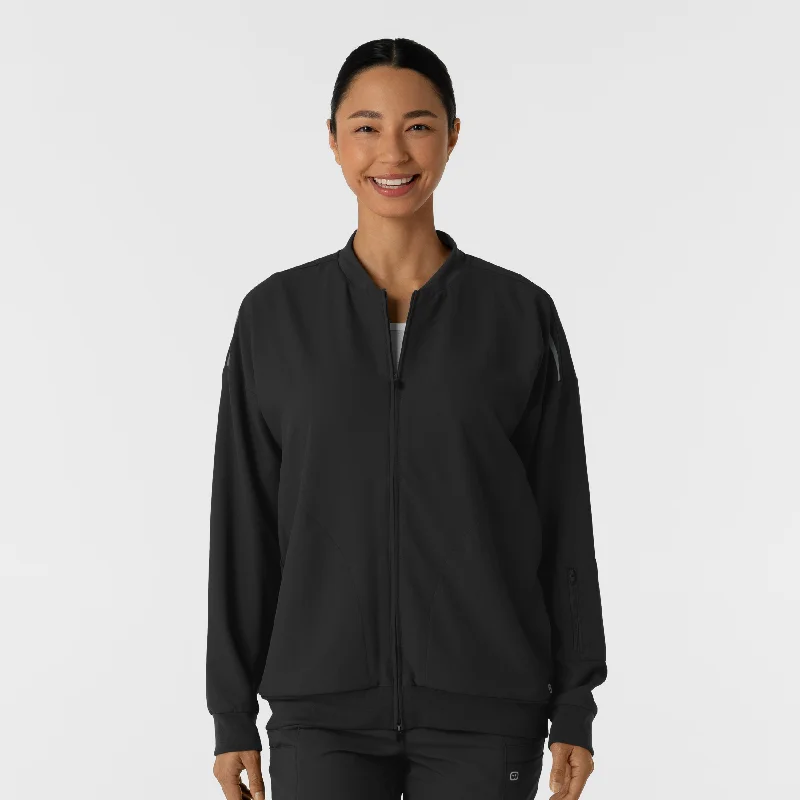 Women's bomber jackets with a holographic finish for a futuristic and eye - catching lookWomen's Bomber Scrub Jacket - Black