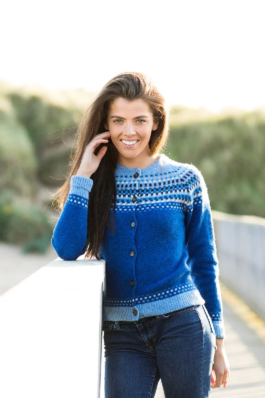 hand knitted women cardigan with artisanal charmWomens Building Blocks Fair isle Cardigan - Blue hand knitted women cardigan with artisanal charmWomens Building Blocks Fair isle Cardigan - Blue