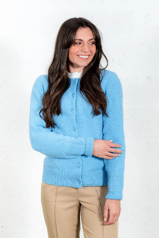cashmere blend women cardigan for a luxurious feelWomens Geelong Superfine Lambswool Gansey Cardigan - Sky Blue