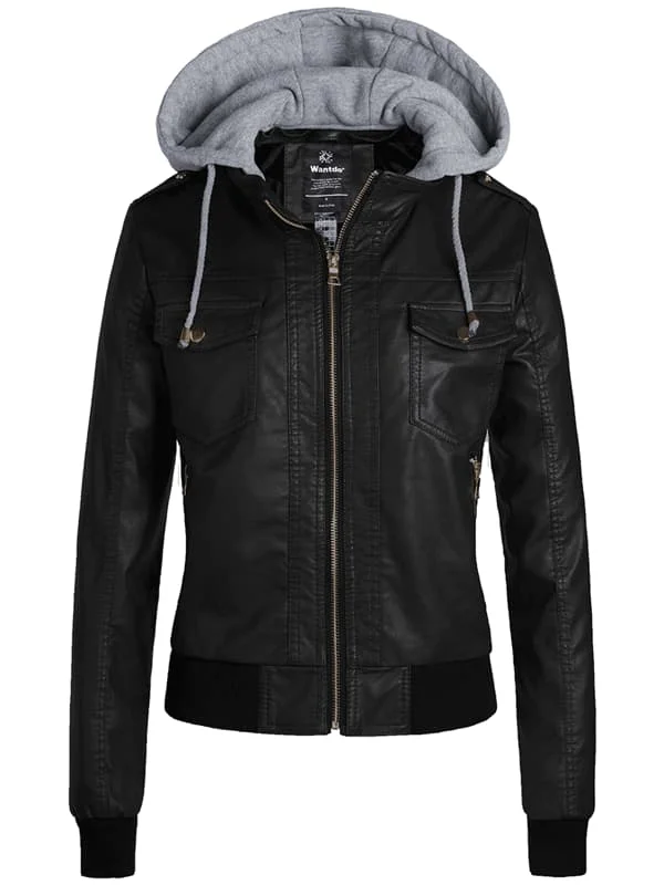 Women's cropped leather jackets with a fringe detail for a western - inspired outfitWomen's Hooded Faux Leather Jacket Moto Biker Jacket Women's cropped leather jackets with a fringe detail for a western - inspired outfitWomen's Hooded Faux Leather Jacket Moto Biker Jacket