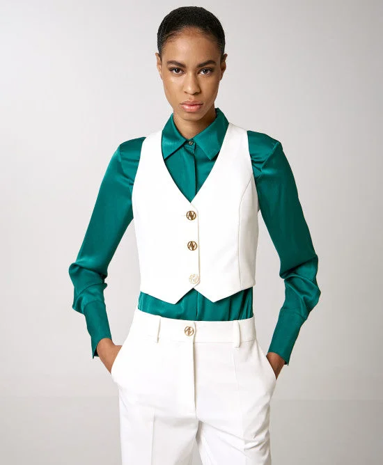 Snap - Front Women's Vests in a Sporty Style for Active LifestylesAccess Fashion White Vest With Monogram Buttons Snap - Front Women's Vests in a Sporty Style for Active LifestylesAccess Fashion White Vest With Monogram Buttons