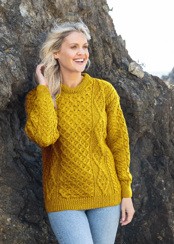 Women's Fair Isle Patterned Wool Sweater in Multicolor for a Traditional Holiday VibeAran Unisex Wool Sweater | Mustard Women's Fair Isle Patterned Wool Sweater in Multicolor for a Traditional Holiday VibeAran Unisex Wool Sweater | Mustard