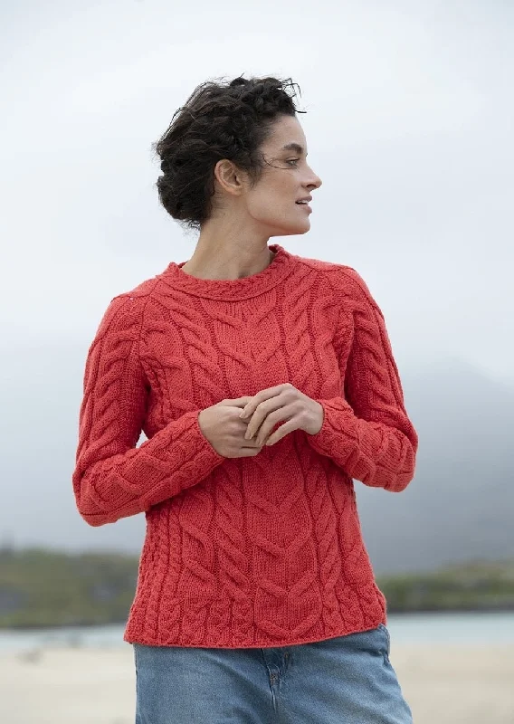 Women's Cropped Cable - Knit Merino Wool Sweater in Beige for a Trendy Fall OutfitListowel Ladies Aran Cabled Sweater | Coral Women's Cropped Cable - Knit Merino Wool Sweater in Beige for a Trendy Fall OutfitListowel Ladies Aran Cabled Sweater | Coral