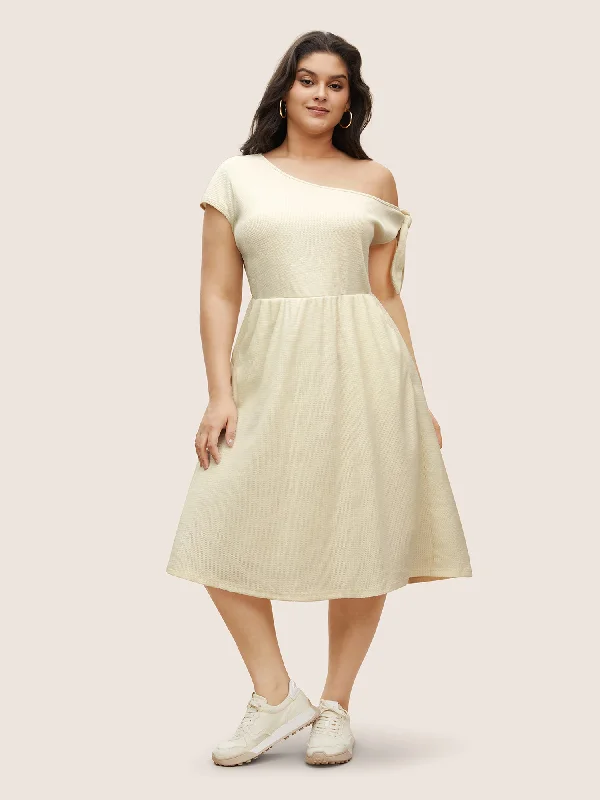 Knee - Length Women's Wool Blend Sweater Dresses in Neutral ColorsAsymmetrical Neck Waffle Knit Tie Knot Dress Knee - Length Women's Wool Blend Sweater Dresses in Neutral ColorsAsymmetrical Neck Waffle Knit Tie Knot Dress