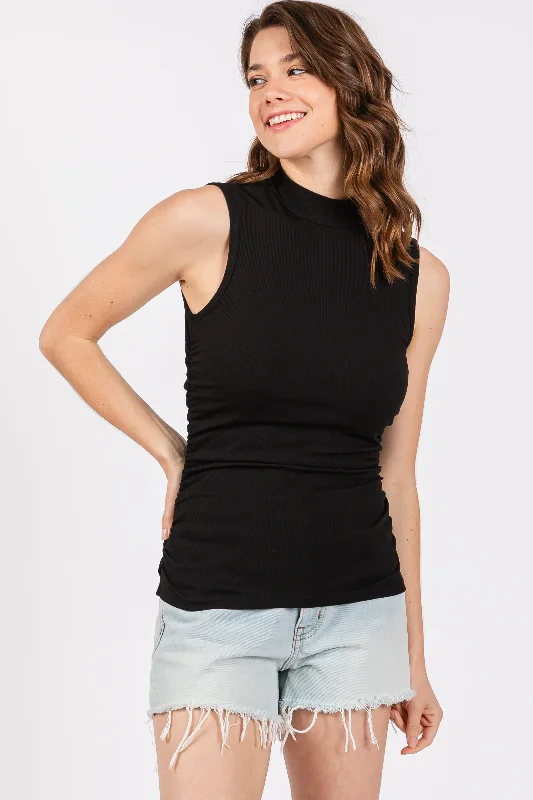 Crew Neck Women's Sustainable Tank Tops Made from Recycled MaterialsBlack Ribbed Mock Neck Ruched Side Sleeveless Top Crew Neck Women's Sustainable Tank Tops Made from Recycled MaterialsBlack Ribbed Mock Neck Ruched Side Sleeveless Top