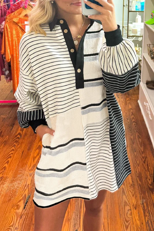 Wrap - Style Women Dress with Adjustable Fit for All Body TypesBlue Zone Planet | Black Stripe Colorblock Knit Henley Collar Shift Long Sleeve Mini Dress Wrap - Style Women Dress with Adjustable Fit for All Body TypesBlue Zone Planet | Black Stripe Colorblock Knit Henley Collar Shift Long Sleeve Mini Dress