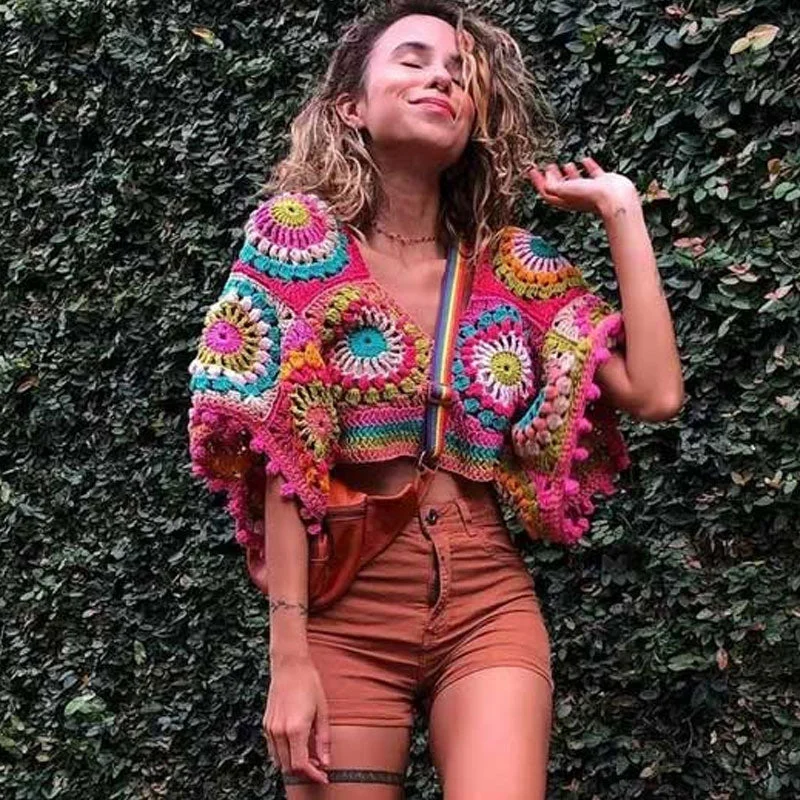 Long - Sleeve Women's Ribbed Crop Top in Beige for a Stylish and Cozy Fall OutfitBoho V Neck Short Sleeve Multicolored Handmade Granny Square Crochet Knit Crop Top Long - Sleeve Women's Ribbed Crop Top in Beige for a Stylish and Cozy Fall OutfitBoho V Neck Short Sleeve Multicolored Handmade Granny Square Crochet Knit Crop Top