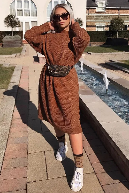 Plus Size Women's Tunic - Style Sweater Dresses with PocketsBrown Chunky Knit Slash Neck Jumper Dress - Hessie Plus Size Women's Tunic - Style Sweater Dresses with PocketsBrown Chunky Knit Slash Neck Jumper Dress - Hessie