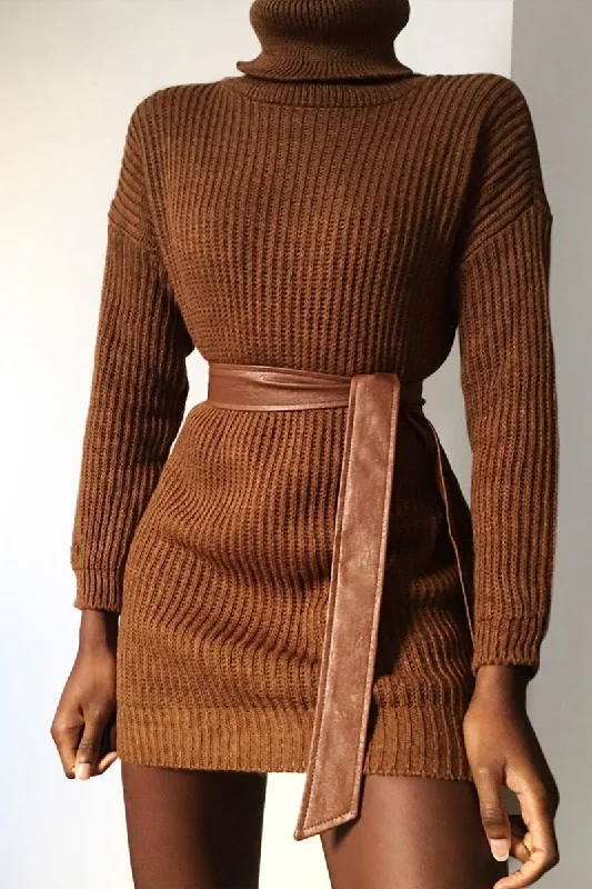 Belted Women's Cotton Blend Sweater Dresses for a Casual LookBrown Roll Neck Mini Jumper Dress - Dariyana Belted Women's Cotton Blend Sweater Dresses for a Casual LookBrown Roll Neck Mini Jumper Dress - Dariyana