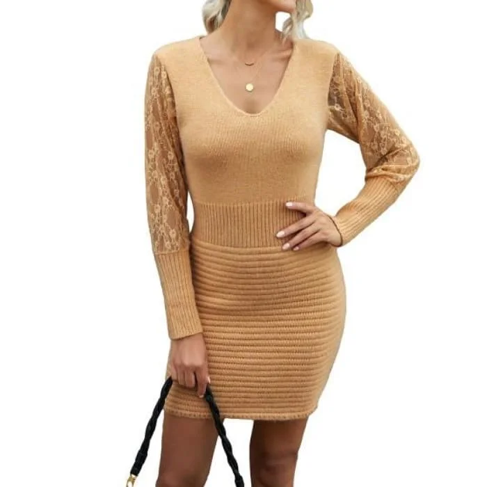 Mini - Length Women's Chunky Knit Sweater Dresses in Bold HuesCamel Lace Sleeve Sweater Dress Mini - Length Women's Chunky Knit Sweater Dresses in Bold HuesCamel Lace Sleeve Sweater Dress
