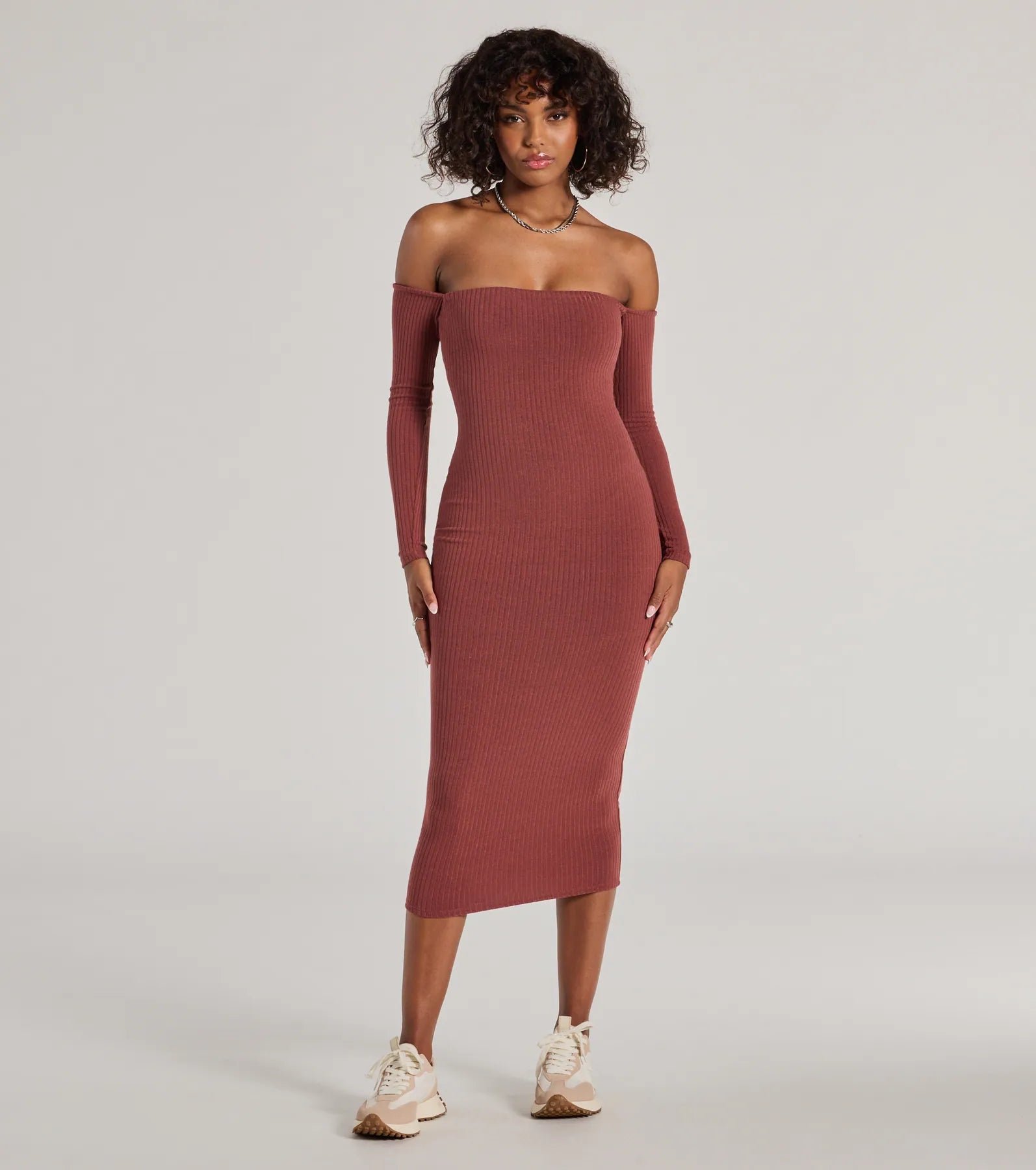 Plus Size Women's Tunic - Style Sweater Dresses with PocketsCarefree Chic Long Sleeve Ribbed Knit Midi Dress Plus Size Women's Tunic - Style Sweater Dresses with PocketsCarefree Chic Long Sleeve Ribbed Knit Midi Dress