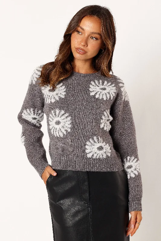 Women's Fair Isle Patterned Wool Sweater in Multicolor for a Traditional Holiday VibeChandler Knit Sweater - Grey White Women's Fair Isle Patterned Wool Sweater in Multicolor for a Traditional Holiday VibeChandler Knit Sweater - Grey White