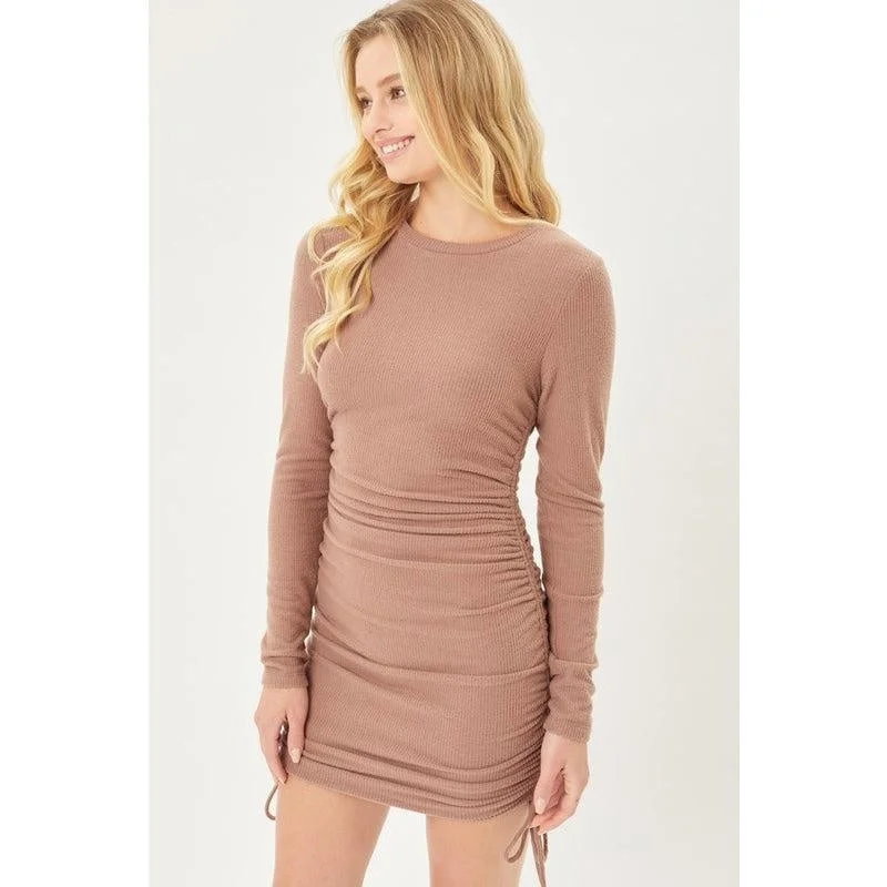Midi - Length Women's Shetland Wool Sweater Dresses in Traditional PatternsCoco Brown Drawstring Ruched Sweater Dress Midi - Length Women's Shetland Wool Sweater Dresses in Traditional PatternsCoco Brown Drawstring Ruched Sweater Dress