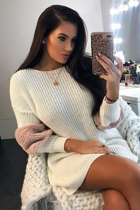 Mock Neck Women's Angora Blend Sweater Dresses in Solid ColorsCream Chunky Knit Fur Sleeve Jumper Dress - Jaycee Mock Neck Women's Angora Blend Sweater Dresses in Solid ColorsCream Chunky Knit Fur Sleeve Jumper Dress - Jaycee