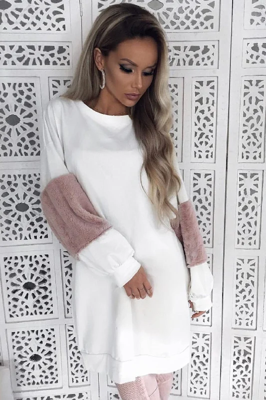 Short Sleeve Women's Cashmere Sweater Dresses in Pastel HuesCream Jumper Dress with Fur Sleeves - Paris Short Sleeve Women's Cashmere Sweater Dresses in Pastel HuesCream Jumper Dress with Fur Sleeves - Paris