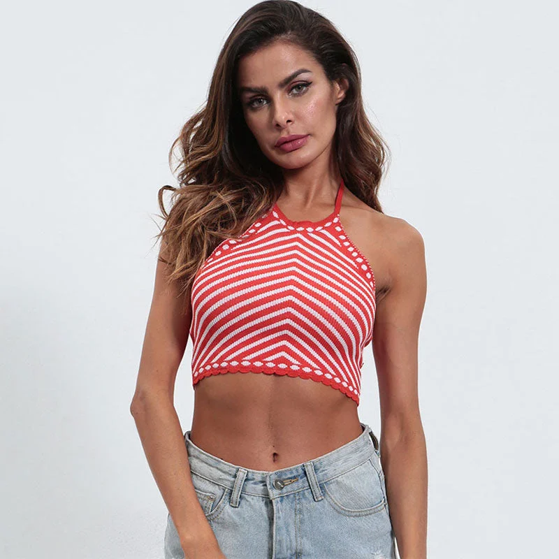 Tie - Front Women's Crop Top in Orange for a Playful and Adjustable FitCute Scalloped Trim Striped Halter Open Back Sleeveless Red Fitted Knit Crop Top Tie - Front Women's Crop Top in Orange for a Playful and Adjustable FitCute Scalloped Trim Striped Halter Open Back Sleeveless Red Fitted Knit Crop Top