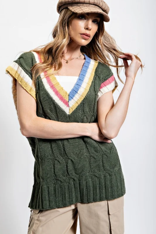 Button - Front Women's Linen Vests in Light Colors for SummerHot Girl Multi Color Knitted Sweater Vest In Forest Green