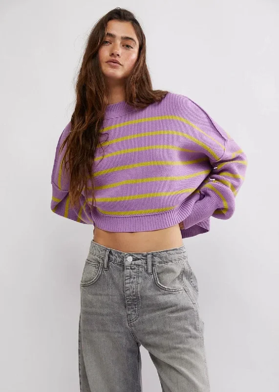 Button - Front Women's Pullovers in a Vintage - Inspired DesignEasy Street Stripe Crop Pullover - Iris Orchid Combo Button - Front Women's Pullovers in a Vintage - Inspired DesignEasy Street Stripe Crop Pullover - Iris Orchid Combo