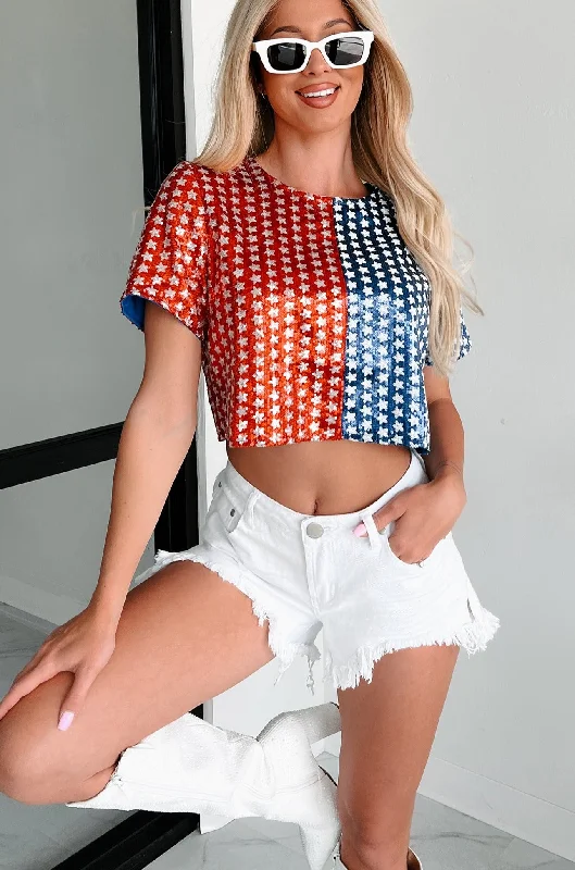 Tie - Front Women's Crop Top in Orange for a Playful and Adjustable FitExploding With Excitement Sequin Crop Top (Red/Blue) Tie - Front Women's Crop Top in Orange for a Playful and Adjustable FitExploding With Excitement Sequin Crop Top (Red/Blue)