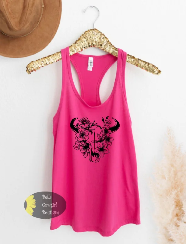 High - Neck Women's Silk Blend Tank Tops for a Luxurious FeelFloral Steer Skull Western Women's Tank Top High - Neck Women's Silk Blend Tank Tops for a Luxurious FeelFloral Steer Skull Western Women's Tank Top