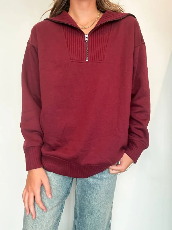 Button - Front Women's Pullovers in a Vintage - Inspired DesignFrench Terry Quarter Zip Pullover In Crimson Button - Front Women's Pullovers in a Vintage - Inspired DesignFrench Terry Quarter Zip Pullover In Crimson