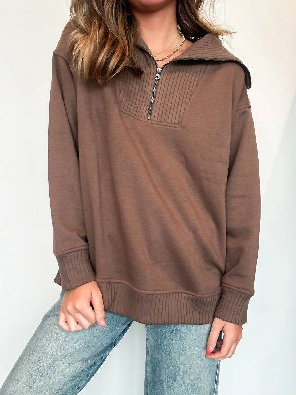 Striped Women's Pullovers in a Breton Style for Nautical VibesFrench Terry Quarter Zip Pullover In Mocha Striped Women's Pullovers in a Breton Style for Nautical VibesFrench Terry Quarter Zip Pullover In Mocha