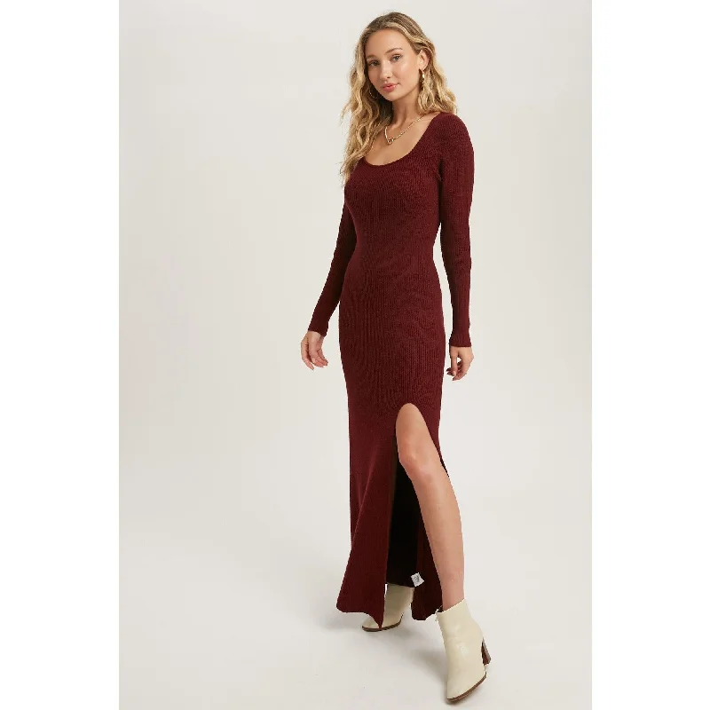 Belted Women's Cotton Blend Sweater Dresses for a Casual LookHigh Slit Burgundy Knit Sweater Dress Belted Women's Cotton Blend Sweater Dresses for a Casual LookHigh Slit Burgundy Knit Sweater Dress
