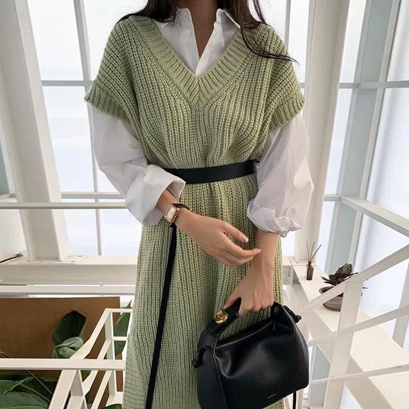 Plus Size Women's Open - Front Cardigan Style Sweater DressesHolly Knitted Dress- Set of 3 With Belt Plus Size Women's Open - Front Cardigan Style Sweater DressesHolly Knitted Dress- Set of 3 With Belt