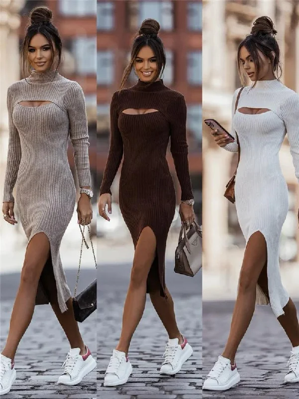 Plus Size Women's Asymmetric Hem Sweater Dresses in Modern DesignsJaviya High Neck woolen Bodycon Dress Plus Size Women's Asymmetric Hem Sweater Dresses in Modern DesignsJaviya High Neck woolen Bodycon Dress