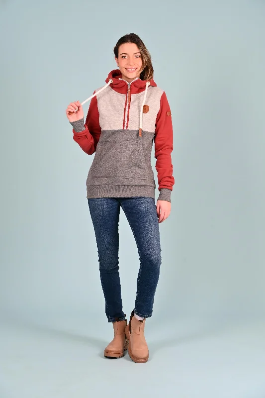 Women's color - block hoodie combining bold hues for a fashion - forward statementKaya Half-Zip Hoodie Rustic Red Women's color - block hoodie combining bold hues for a fashion - forward statementKaya Half-Zip Hoodie Rustic Red