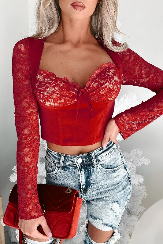 High - Neck Women's Crop Top in Burgundy with Lace Trim for an Elegant and Sophisticated VibeLeave You In Awe Lace Detail Long Sleeve Crop Top (Red) High - Neck Women's Crop Top in Burgundy with Lace Trim for an Elegant and Sophisticated VibeLeave You In Awe Lace Detail Long Sleeve Crop Top (Red)