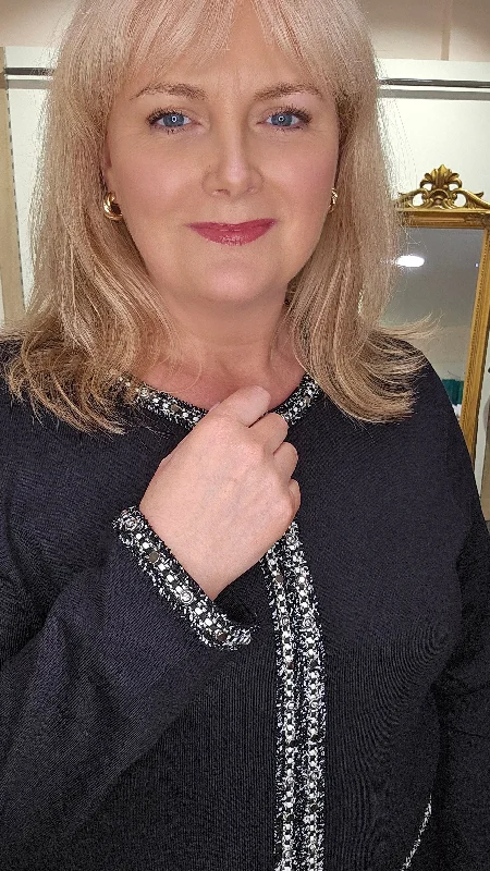 Plus Size Women's Striped Cotton - Blend Sweater in Navy and White for a Nautical ThemeLibra Black Jumper with Black and White trim and Silver Sparkle beading Plus Size Women's Striped Cotton - Blend Sweater in Navy and White for a Nautical ThemeLibra Black Jumper with Black and White trim and Silver Sparkle beading