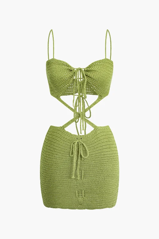 Mini Women Dress with a Short Hem for a Young and Trendy StyleTie Front Cross Crochet Slip Cut Out Knit Mini Dress Mini Women Dress with a Short Hem for a Young and Trendy StyleTie Front Cross Crochet Slip Cut Out Knit Mini Dress