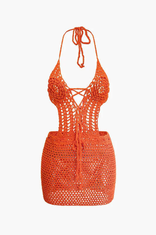 Mermaid - Style Women Dress with a Fitted Silhouette for Special OccasionsCrochet Halter Backless Mini Dress