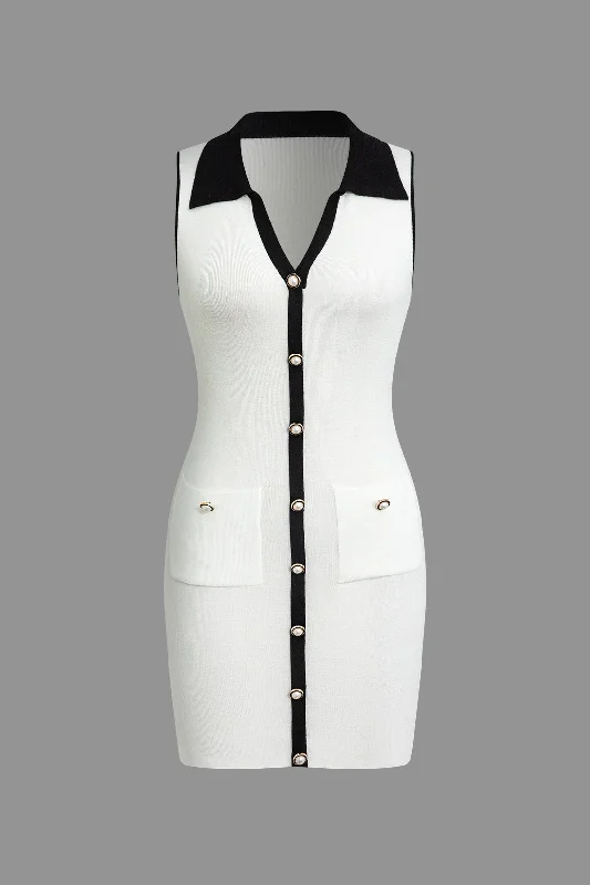 Sleeveless Women Dress in Bright Colors for Summer PartiesContrast Button Up Collared Sleeveless Knit Mini Dress Sleeveless Women Dress in Bright Colors for Summer PartiesContrast Button Up Collared Sleeveless Knit Mini Dress