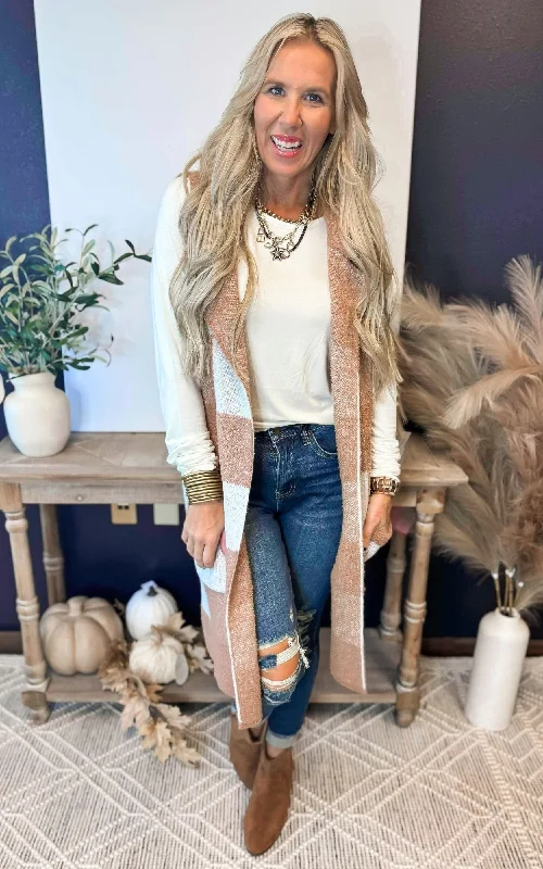Plus Size Women's Vest Dresses with Belted Waists for a Flattering SilhouetteMocha Checked Long Sweater Vest Plus Size Women's Vest Dresses with Belted Waists for a Flattering SilhouetteMocha Checked Long Sweater Vest