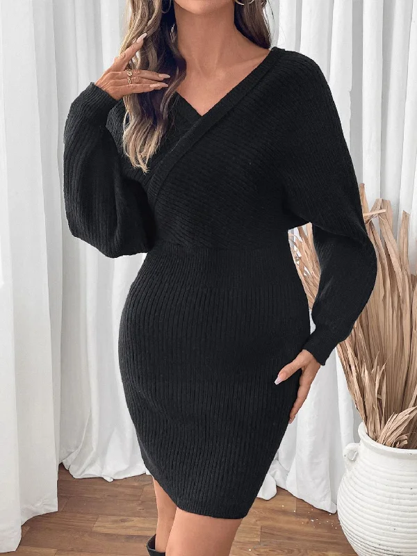 Plus Size Women's Fit - and - Flare Sweater Dresses with Ruffled HemPerfee Surplice Long Sleeve Sweater Dress