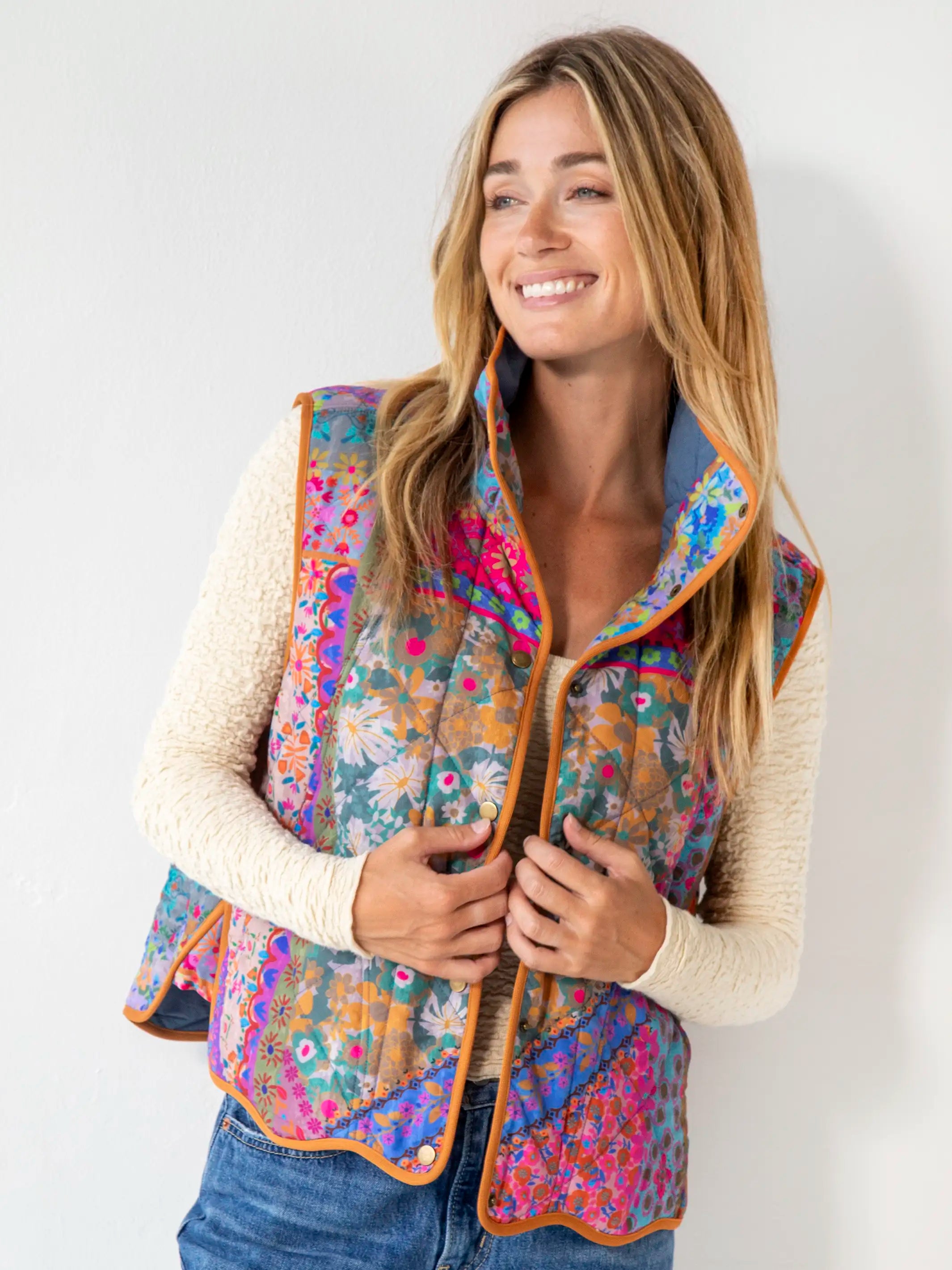 Long - Line Women's Satin Vests in a Feminine Design for LayeringQuilted Puffer Vest - Multi Patchwork Long - Line Women's Satin Vests in a Feminine Design for LayeringQuilted Puffer Vest - Multi Patchwork